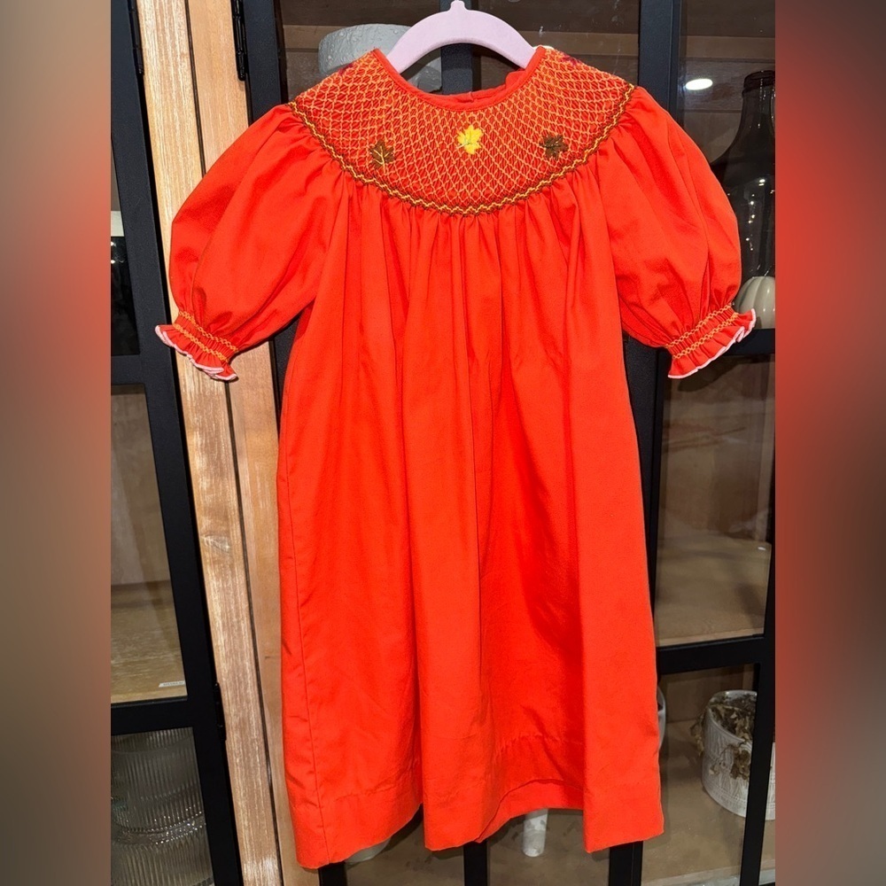 Sweet Dreams hand smocked fall autumn leaves dress toddler bishop embroidered